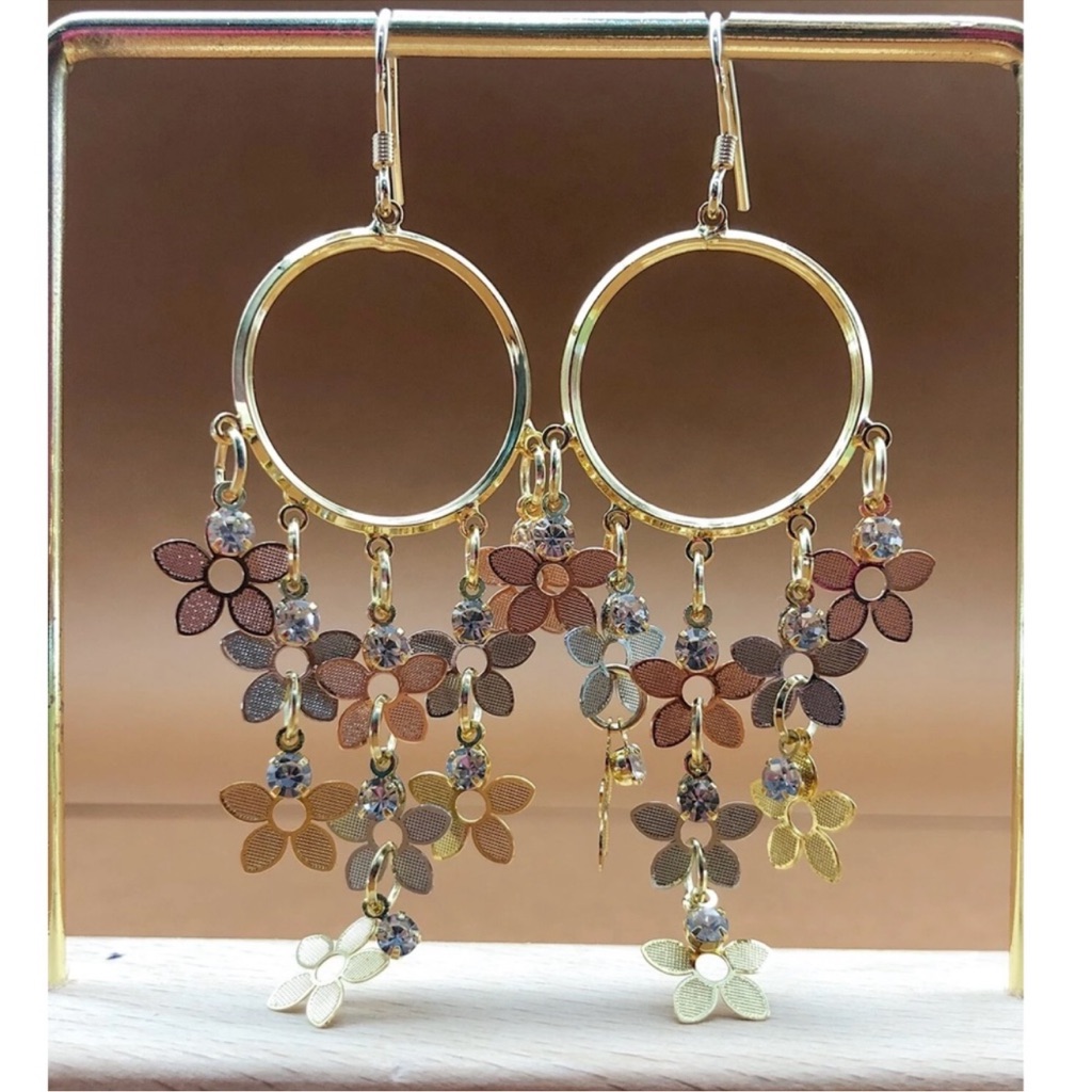 Gold Tone Rhinestone Flowers Drop Earrings